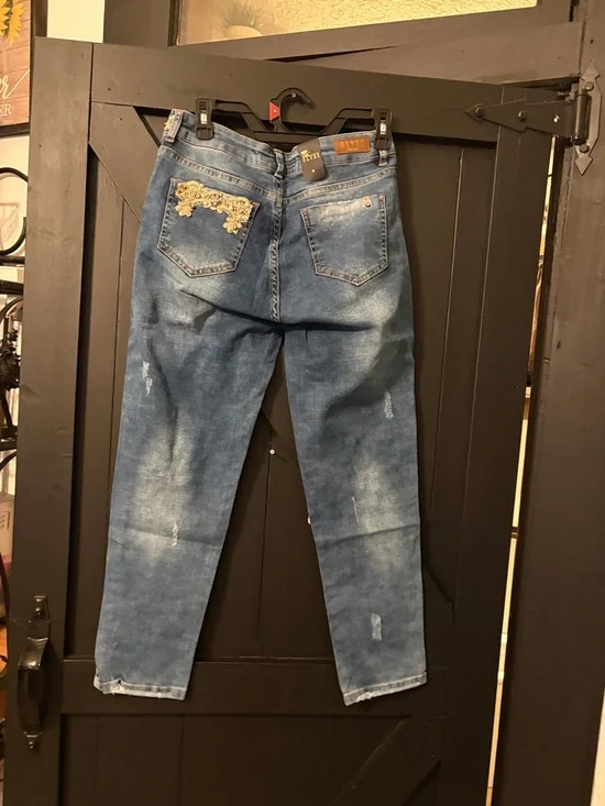 Women's Blue Distressed Jeans with Gold Embroidery - Picture 2 of 5